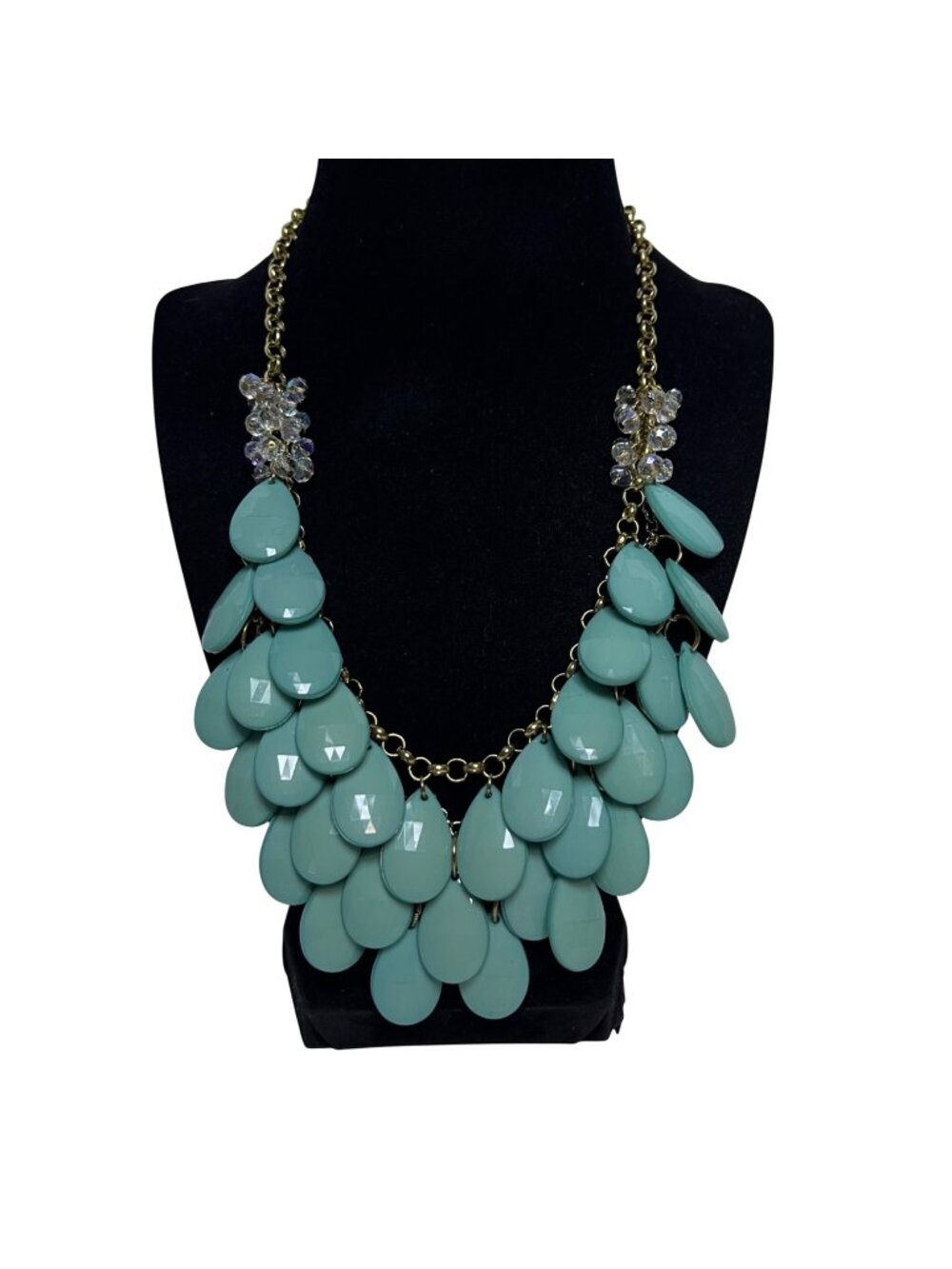 Faceted Blue Teardrop And Gold Tone Rolo Chain Statement Bib Necklace (6361)